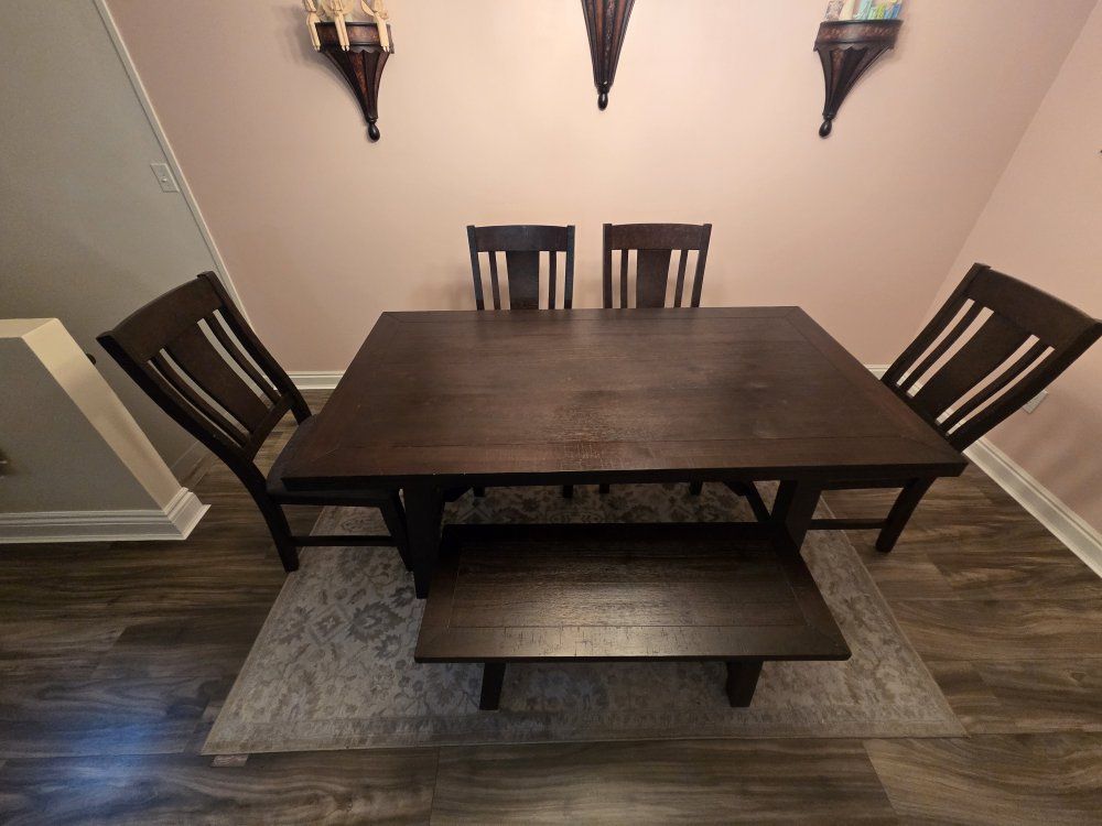 Dark Espresso Wooden Dining Room Table Set with 4 Chairs and Bench