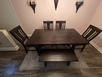 Dark Espresso Wooden Dining Room Table Set with 4 Chairs and Bench