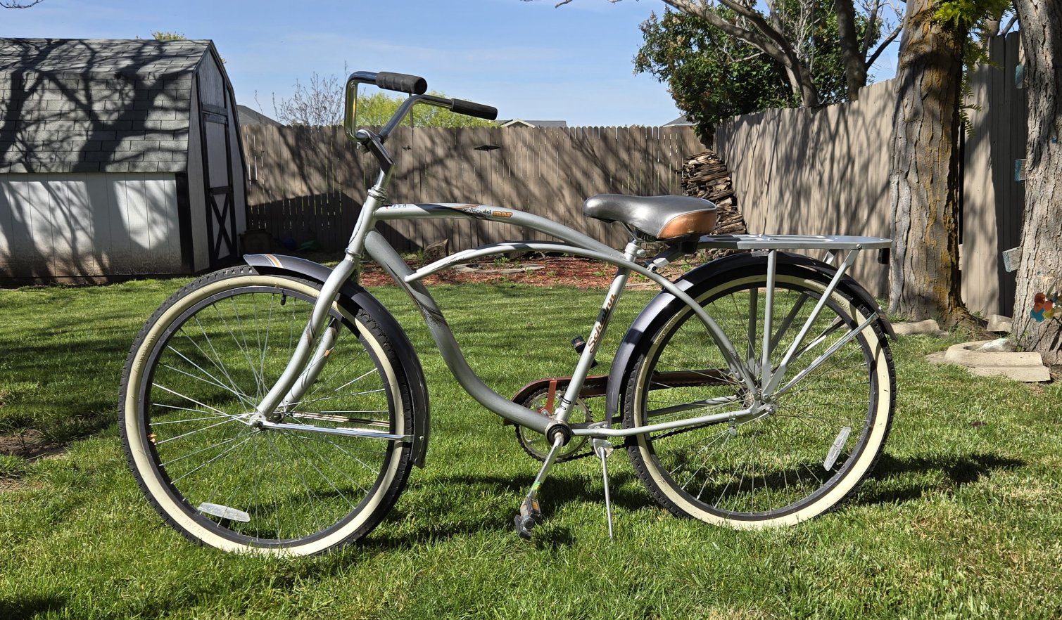 Schwinn Del Mar Cruiser Bike - Silver, Classic Frame, Rear Rack, Whitewall Tires
