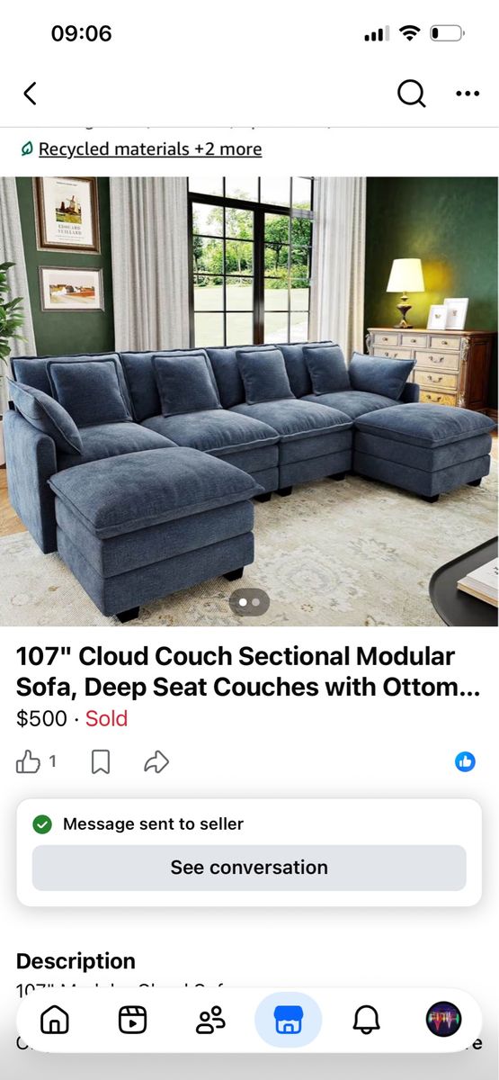 107" Cloud Couch Sectional Modular Sofa with Ottoman - Blue