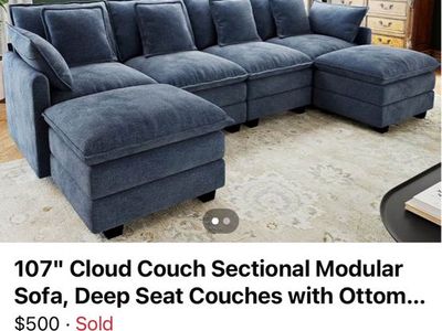 107" Cloud Couch Sectional Modular Sofa with Ottoman - Blue