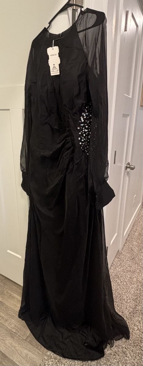 HEBEOS New Black Sequin Long Sleeve Sheer Satin Maxi Formal Dress - Size 14-16