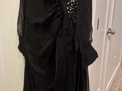 HEBEOS New Black Sequin Long Sleeve Sheer Satin Maxi Formal Dress - Size 14-16