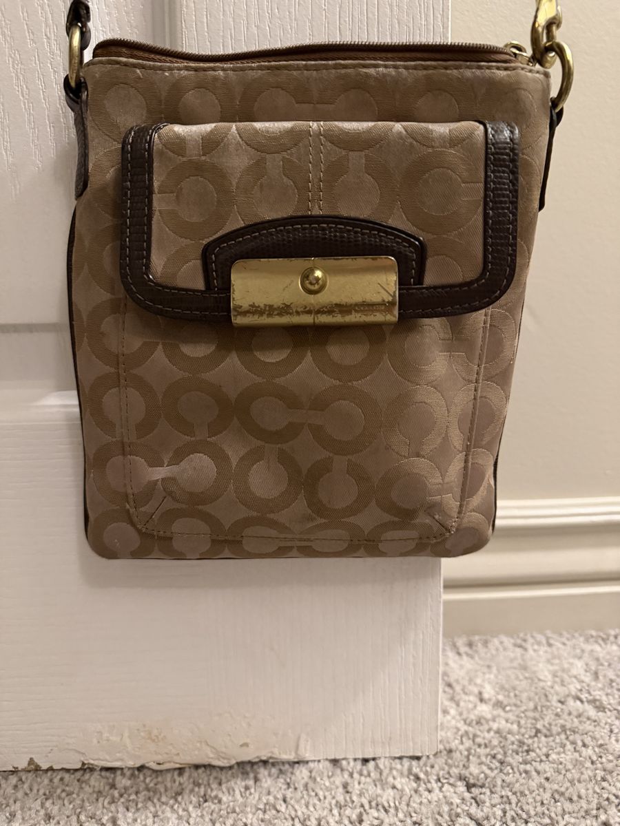 Coach Tan Signature C Canvas Leather Trim Small Crossbody Bag Gold Hardware