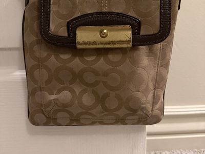Coach Tan Signature C Canvas Leather Trim Small Crossbody Bag Gold Hardware