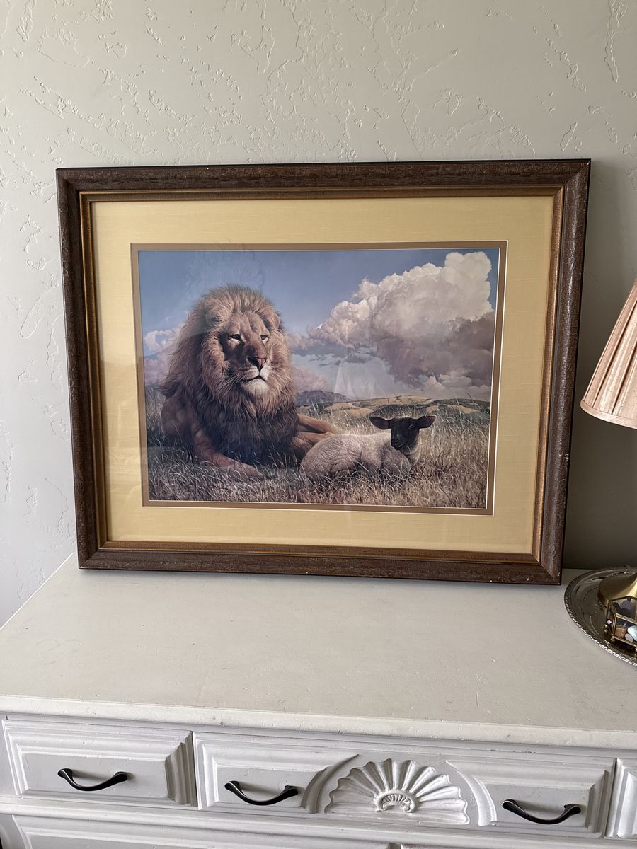 Framed Lion and Lamb Print - "The Peaceable Kingdom" Inspired Wall Art