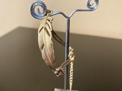 NEW - Gold Leaf Pendant Bracelet With Dark Brown Cord And Gold Extender - See Photos
