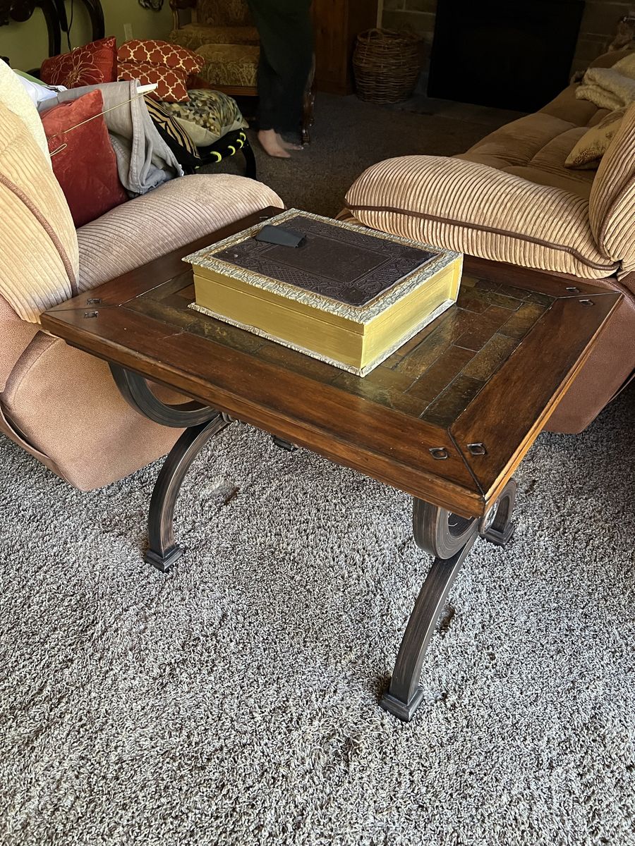 Ornate Wood & Wrought Iron End Table - Rustic Industrial Style