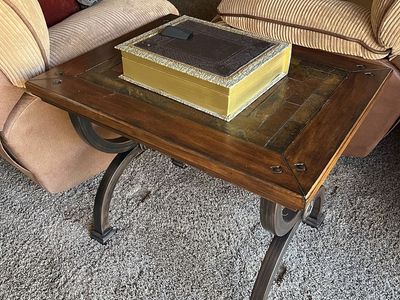 Ornate Wood & Wrought Iron End Table - Rustic Industrial Style