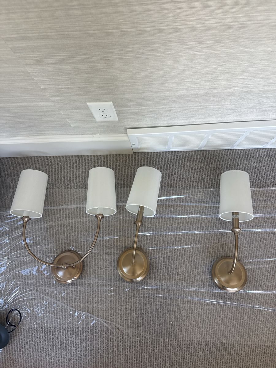 Set of 3 Brass Wall Sconce Light Fixtures with White Fabric Shades