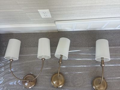 Set of 3 Brass Wall Sconce Light Fixtures with White Fabric Shades