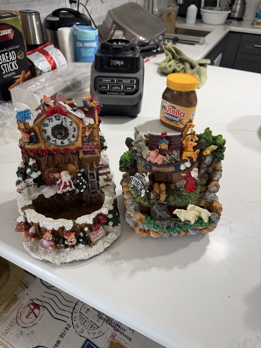 Set of 2 Holiday Collectible Figurines - Santa Clock & Noah's Ark