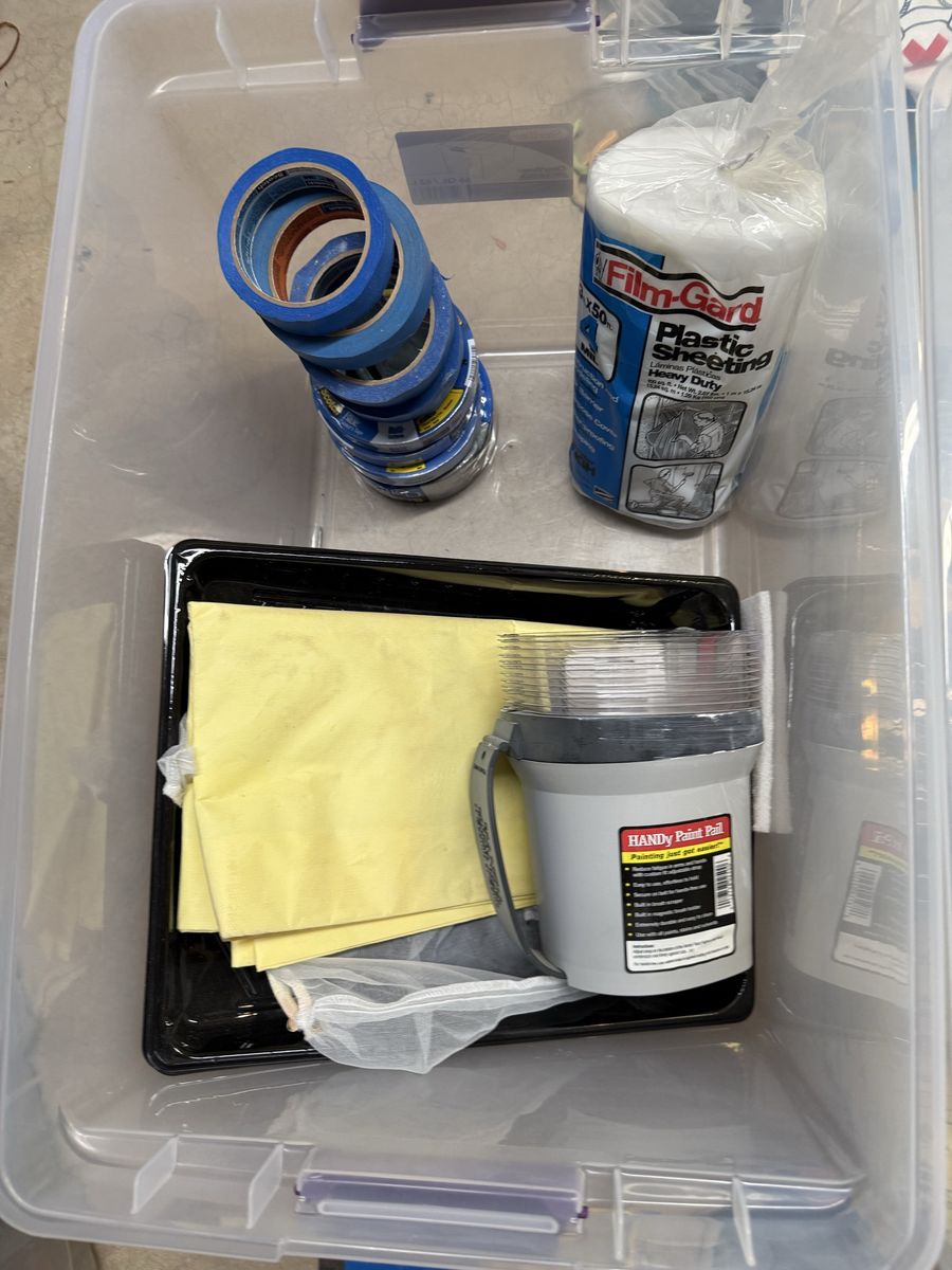 Assorted Painting Materials: Film-Gard Plastic Sheeting, Handy Paint Pail, Rollers, Tape, and Trays