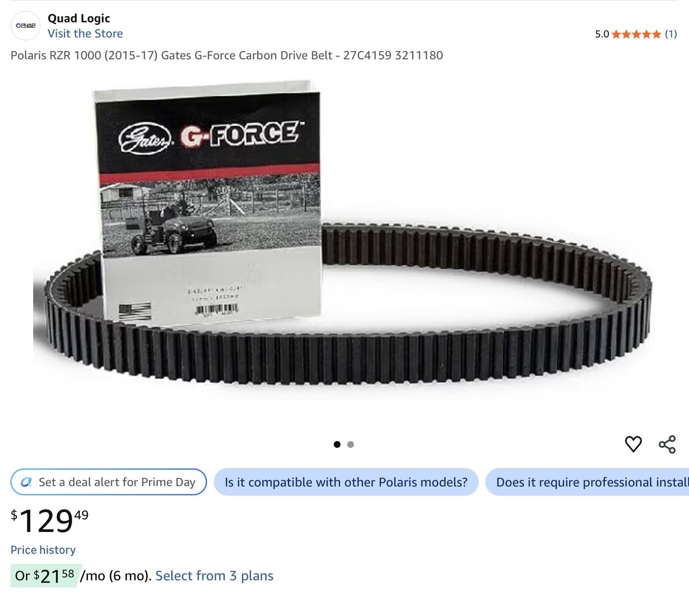 Polaris RZR 1000 Gates G-Force Carbon Drive Belt 27C4159. New condition.