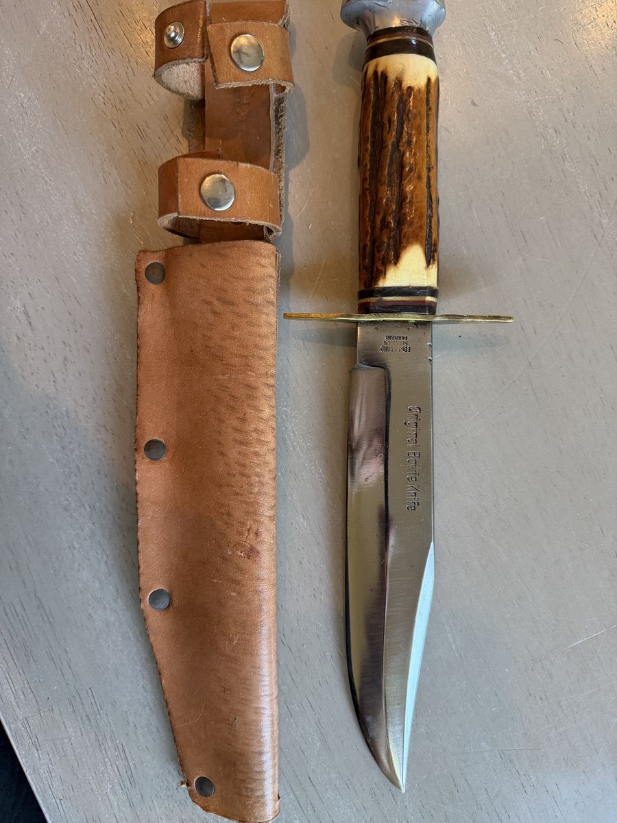 Original Bowie Knife 472 Edge Brand Solingen Germany Antler Handle. Hand made leather sheath.