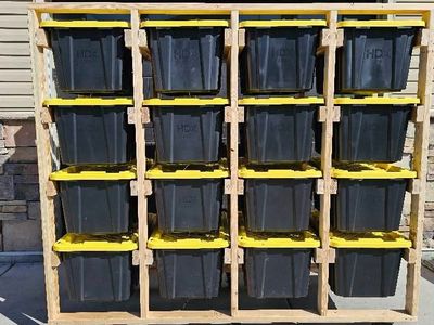 Tinkering Tophers Custom 27 Gallon Tote Storage Racks, Decluttering sale!