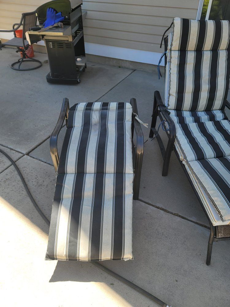 Outdoor Adjustable Chaise Lounge Chair with Striped Cushion - Used, Great for Patio or Deck
