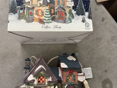 Christmas Streets Coffee Shop Lighted Holiday Village Building with Original Box