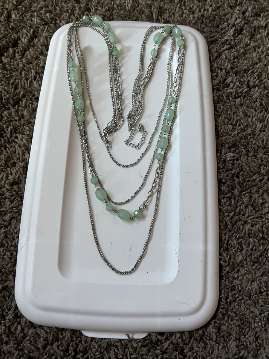 Multi-Strand Silver-Tone Necklace with Green Beaded Accents