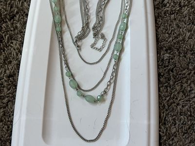Multi-Strand Silver-Tone Necklace with Green Beaded Accents