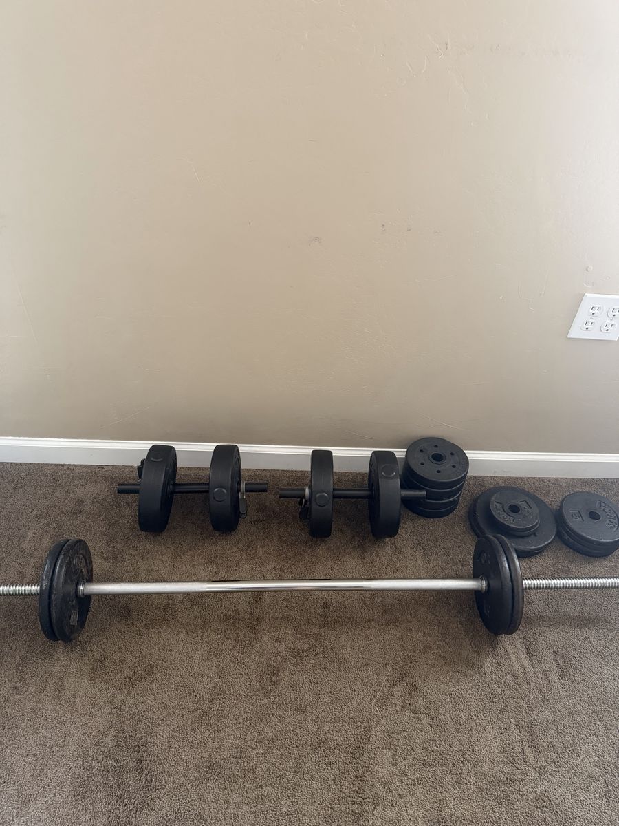 Weight Set - Barbell, Dumbbells, and Plates - Various Weights for Home Gym