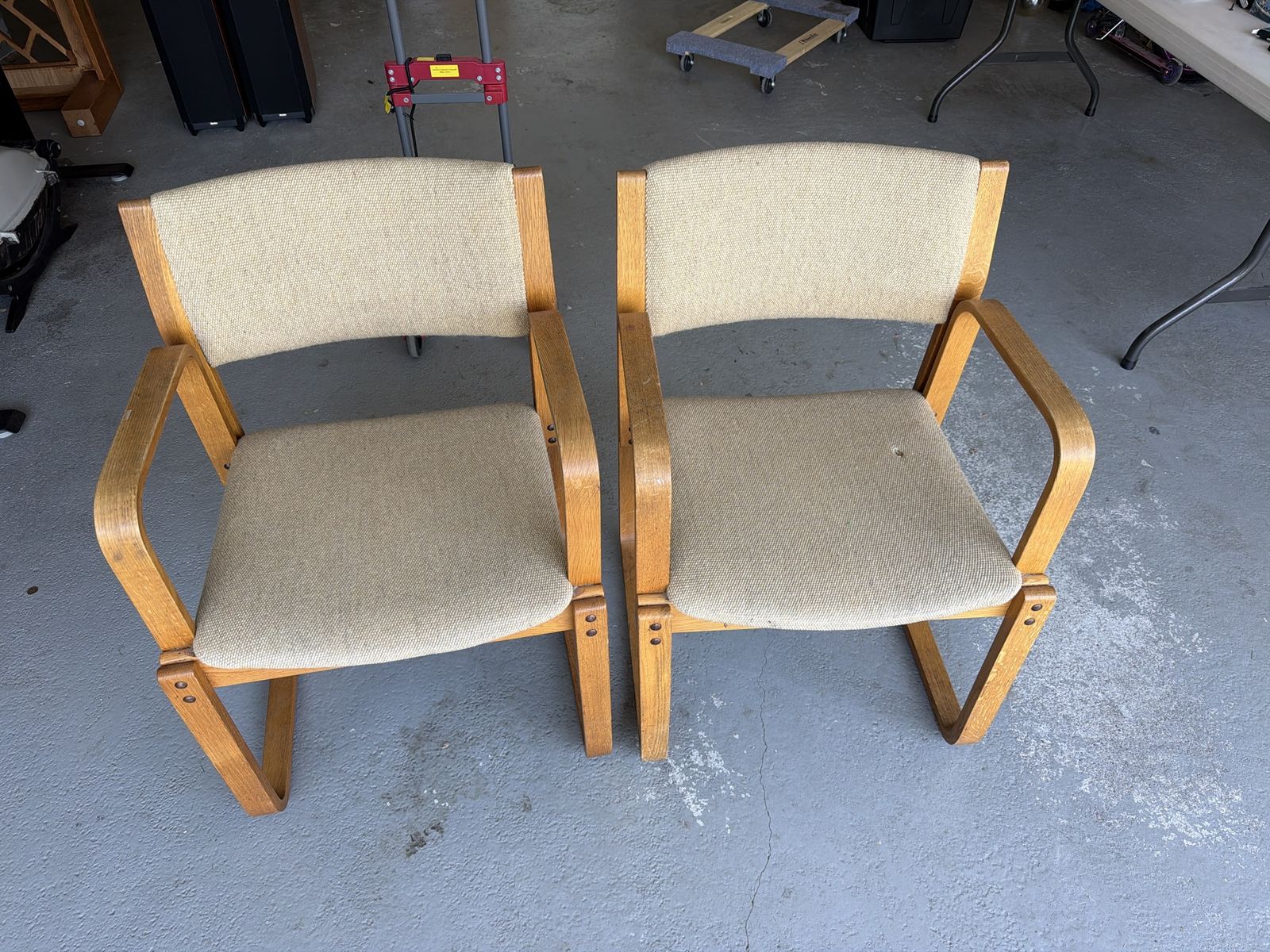 Vintage Mid-Century Modern Wood & Upholstered Arm Chairs (Set of 2)