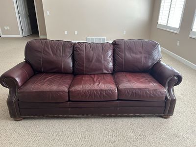 Luxurious Burgundy Leather Sofa - 3-Seater with Nailhead Trim