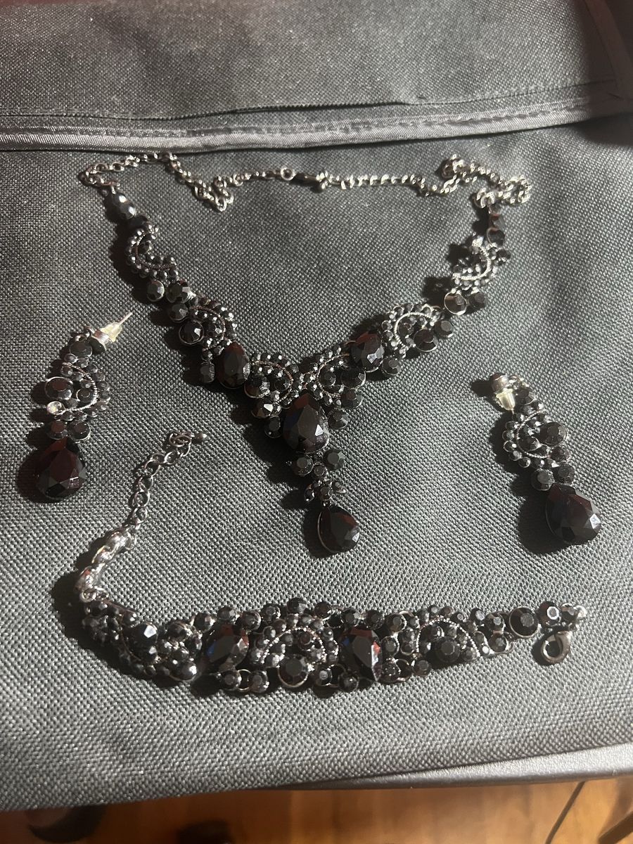 Elegant Black Statement Necklace, Dangle Earrings & Bracelet Set, Rhinestone Jewelry
