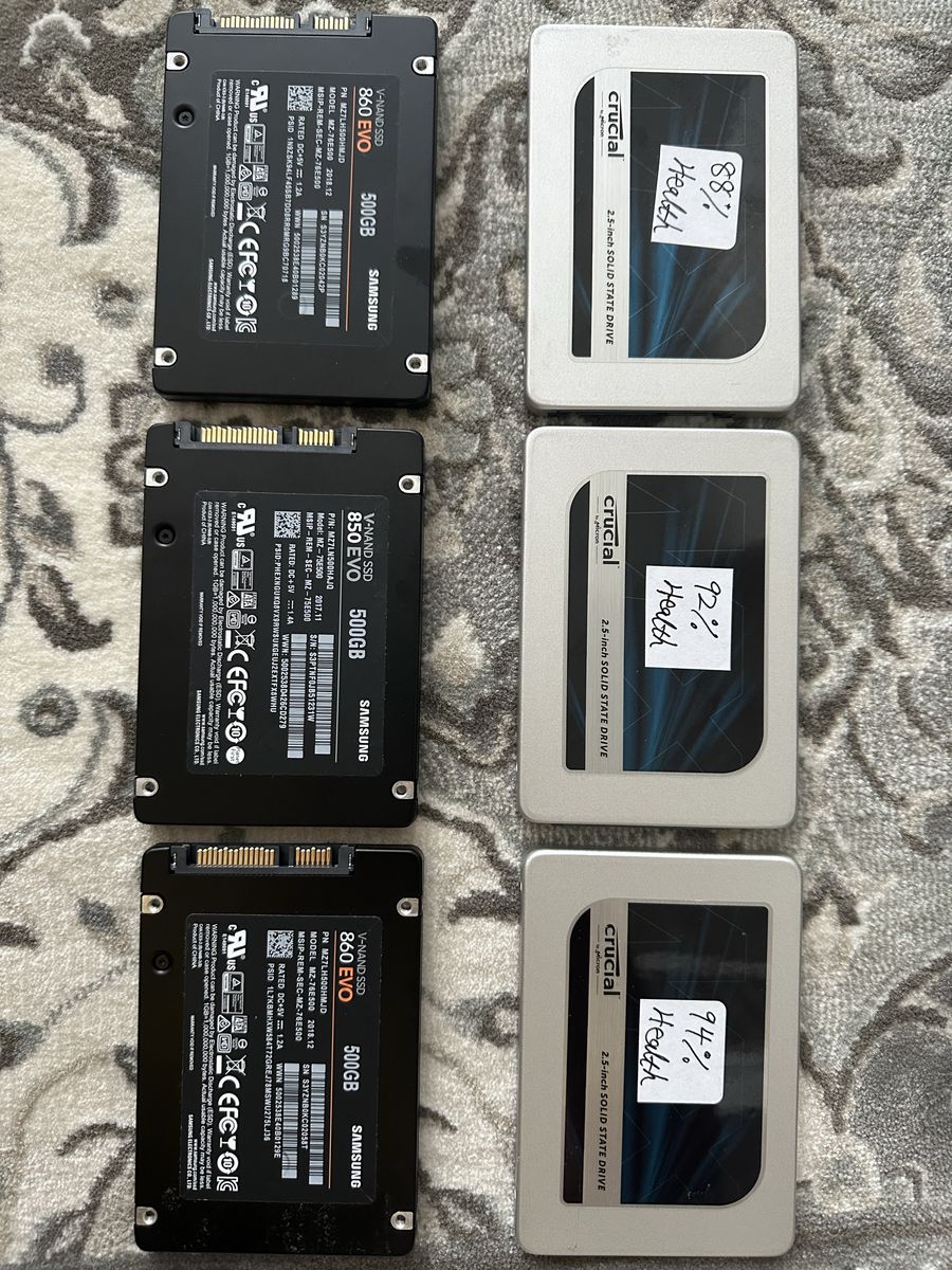 Six Crucial and Samsung SATA 500 to 525 GB SSD 2.5 Inch Internal