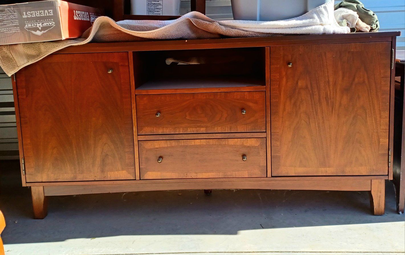 Mid-Century Modern Wood Console Cabinet w/ Storage & Drawers. Some nicks and scratches. 19x 29x60.