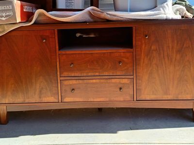 Mid-Century Modern Wood Console Cabinet w/ Storage & Drawers. Some nicks and scratches. 19x 29x60.