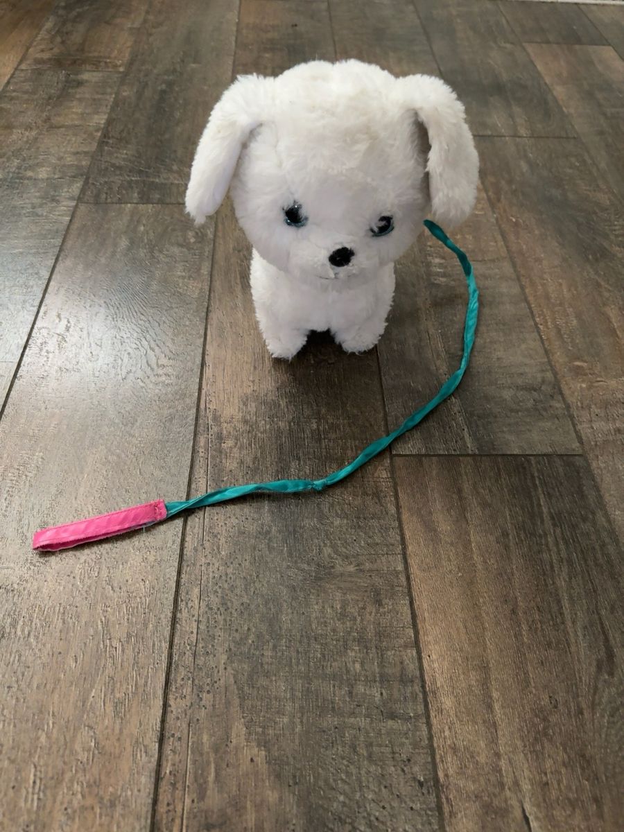 White Puppy Stuffed Animal with Leash - Interactive Plush Dog Toy
