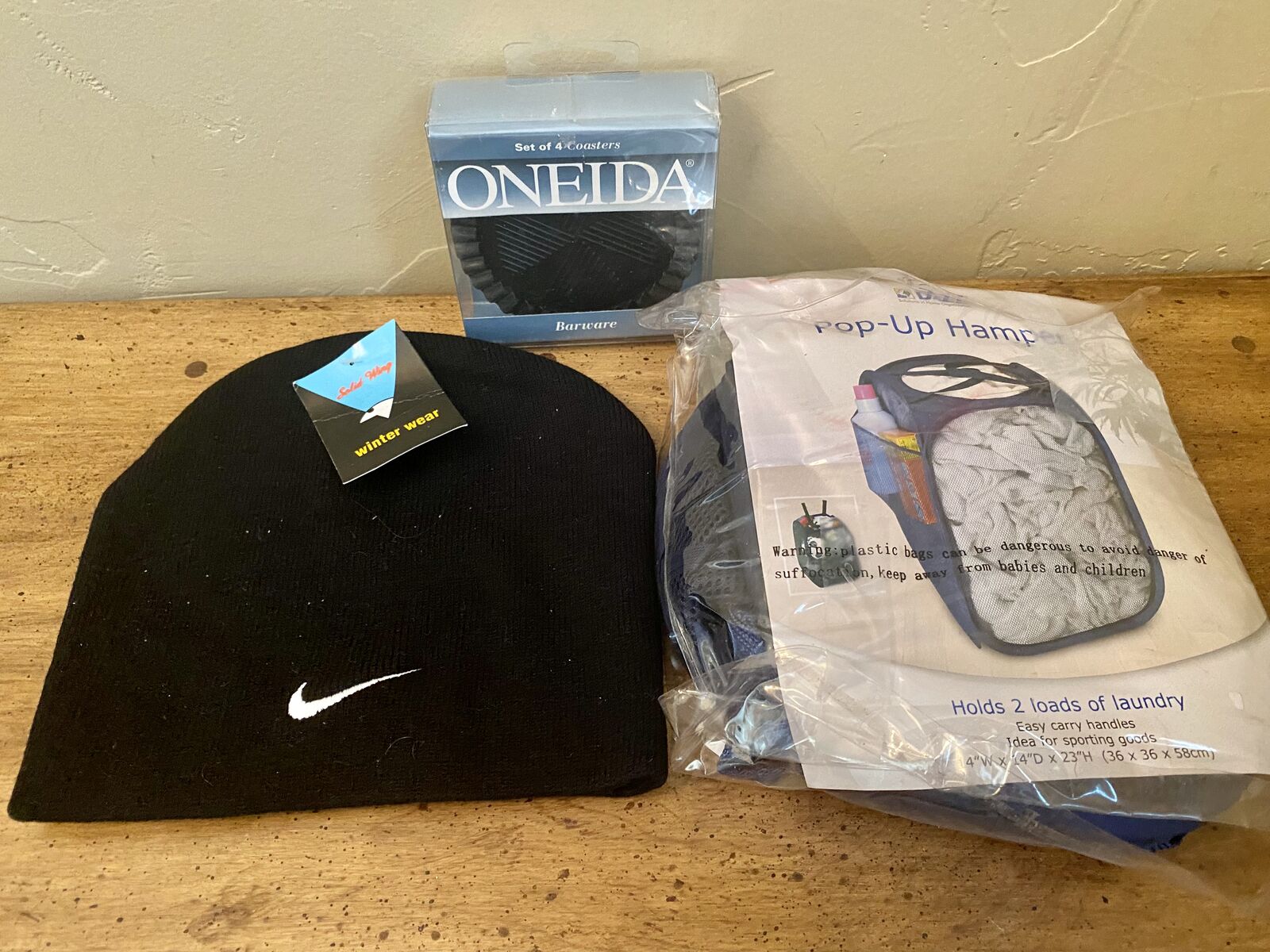 Mens Gift Bundle- Beanie-Rubber Coasters Set - Large Collapsible Laundry Hamper- C PIX