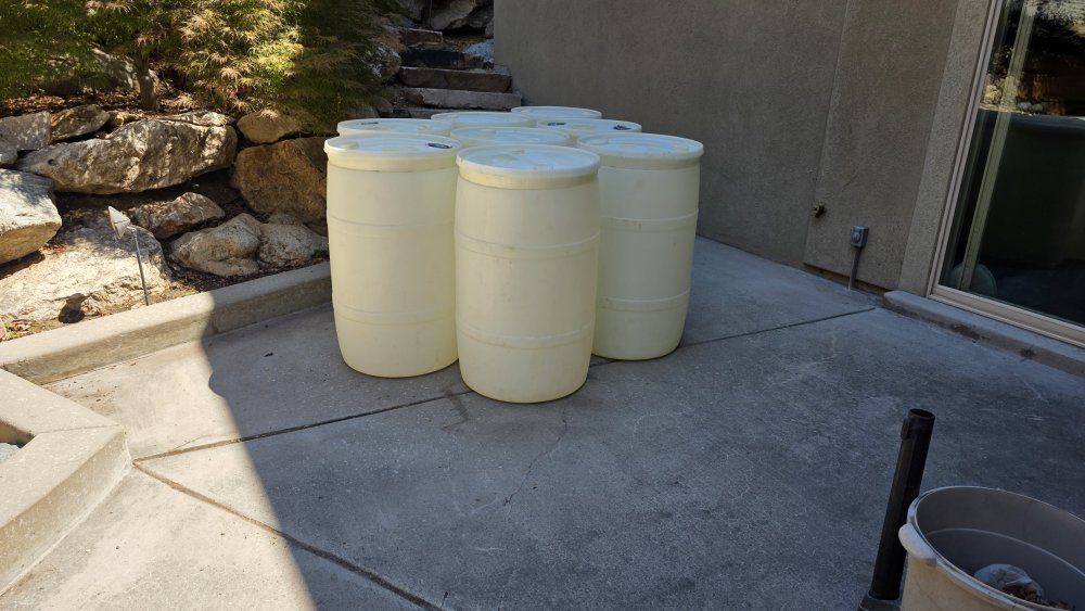 55 gallon plastic container/drum. Great condition. $5 for all 8.