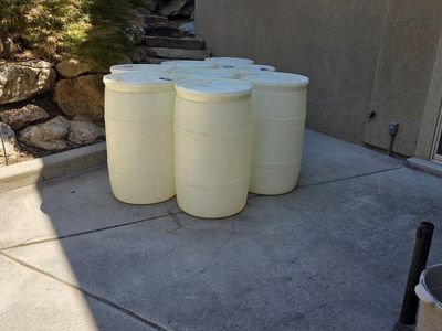 55 gallon plastic container/drum. Great condition. $5 for all 8.