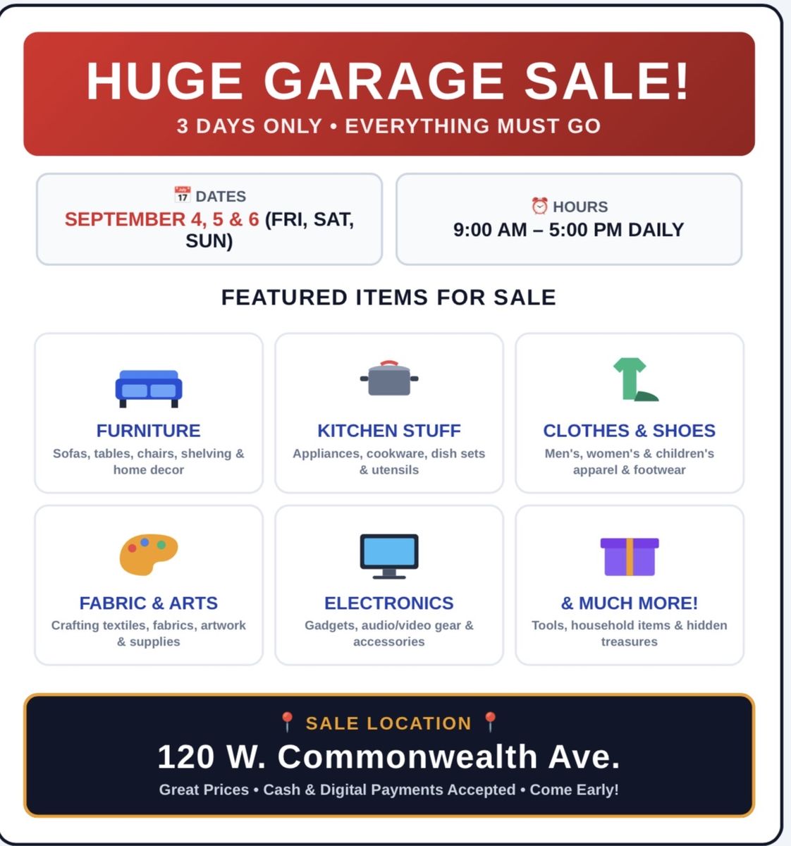 HUGE GARAGE SALE - Furniture, Electronics, Clothes, Kitchen & More