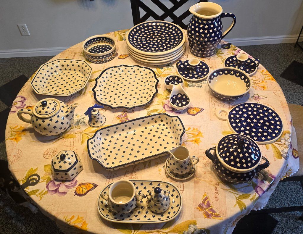Polish Pottery Blue Star Pattern Dinnerware and Serveware- Pick up only
