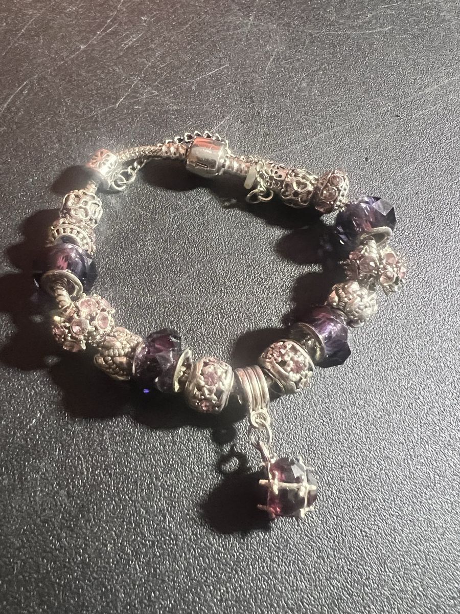 Silver-Toned Charm Bracelet with Purple Beads & Dangling Charm - Adjustable Length