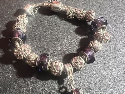 Silver-Toned Charm Bracelet with Purple Beads & Dangling Charm - Adjustable Length
