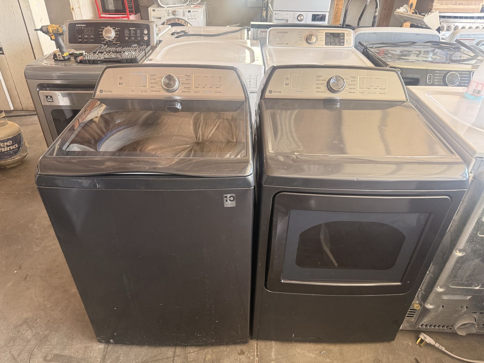 GE Profile Top-Load Washer & Dryer Set - Dark Gray, Electric, Gently Used