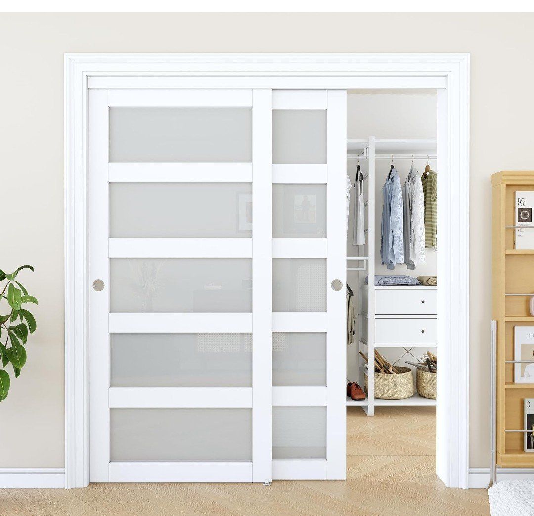 White Wood Frame Sliding Frosted Glass Closet Bi-Fold Door Set - Modern Style