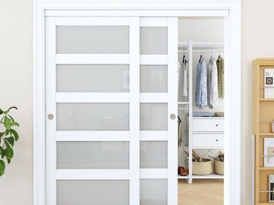 White Wood Frame Sliding Frosted Glass Closet Bi-Fold Door Set - Modern Style