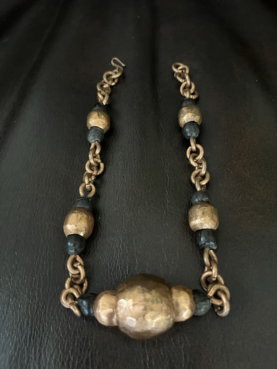 Hand Hammered Copper Choker with Black Beads - Vintage/Antique 1930's