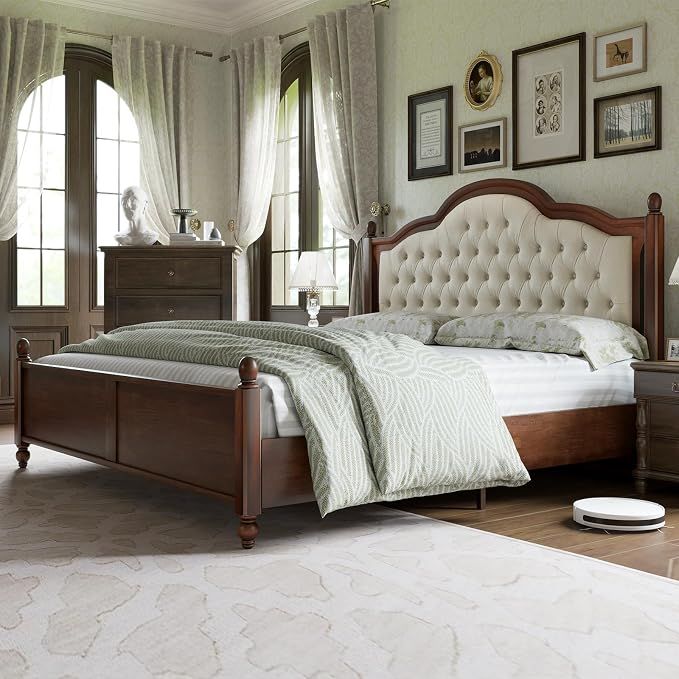 Amerlife King Size Tufted Upholstered Platform Wood Bed Frame - Damaged Packaging, New Condition