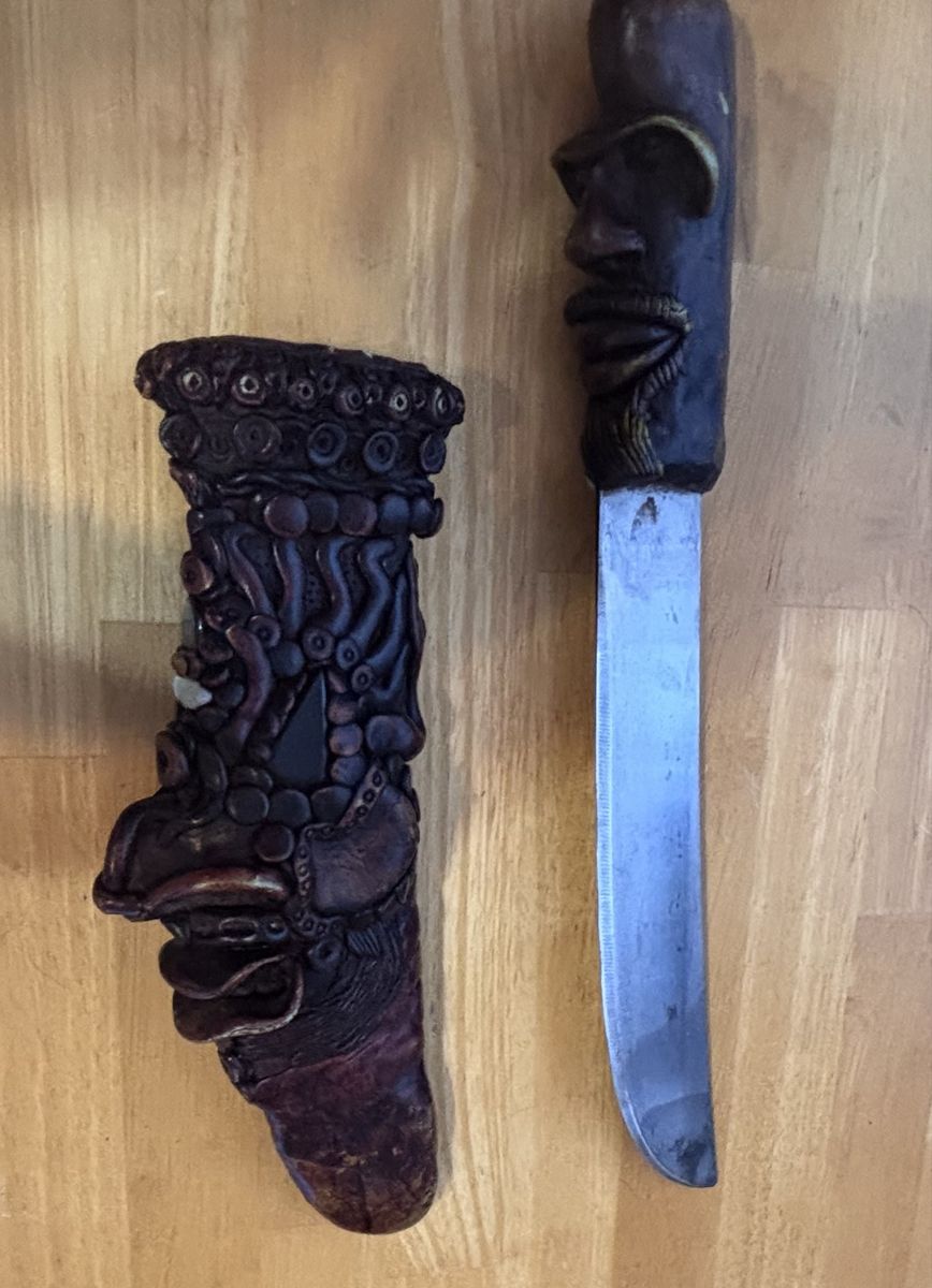 Handmade Decorative Knife with Carved Wooden Handle and Ornate Scabbard