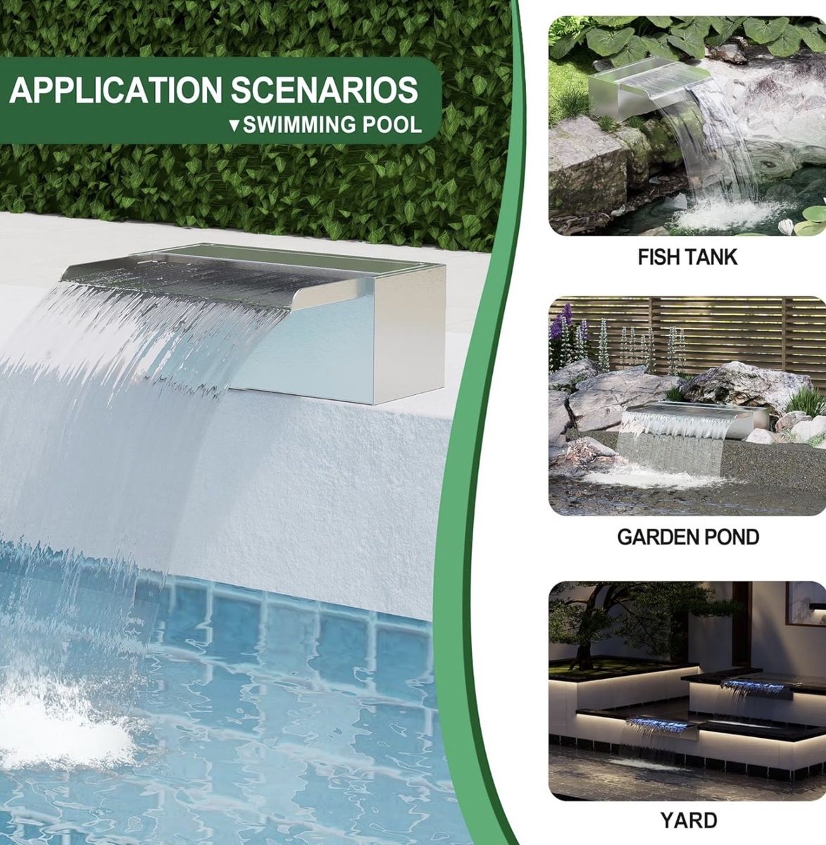 Stainless Steel Rectangular Fountain, Waterfall Fountain with Pipe Connector for Outdoor Garden, Pools, Fountains, Pond and Spa