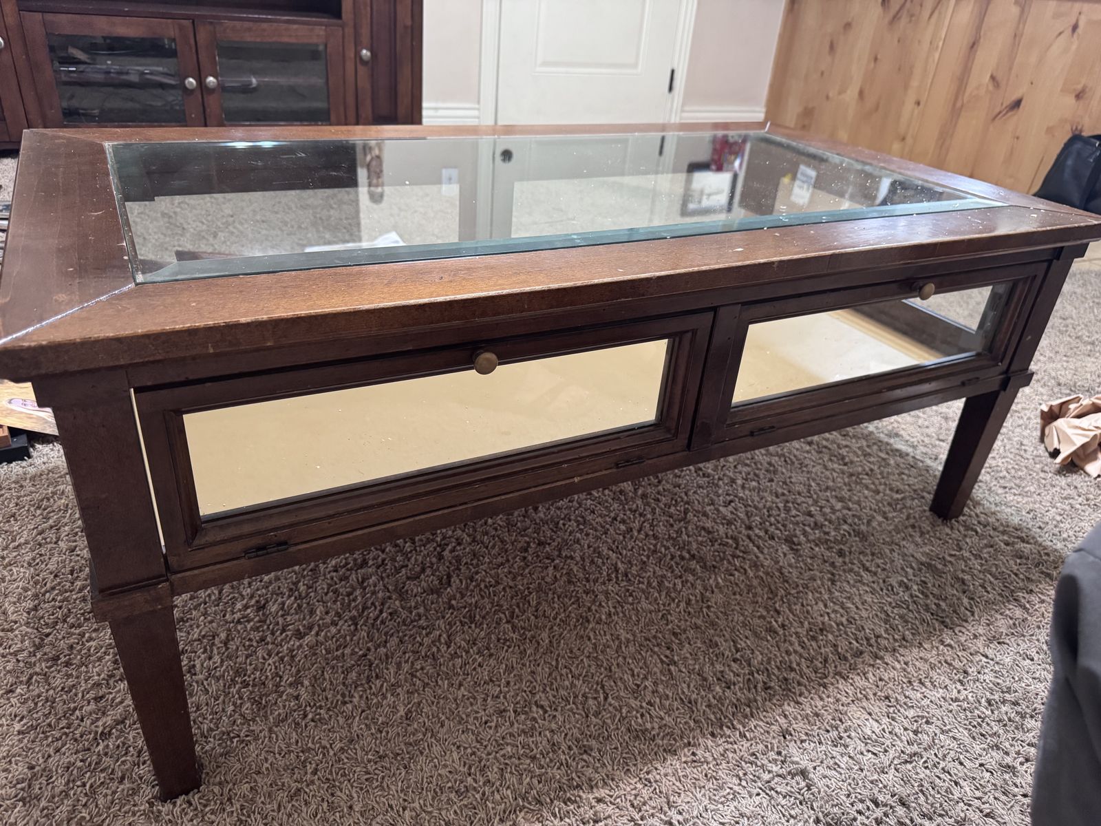 Solid Wood Coffee Table with Glass Top and Display Drawers