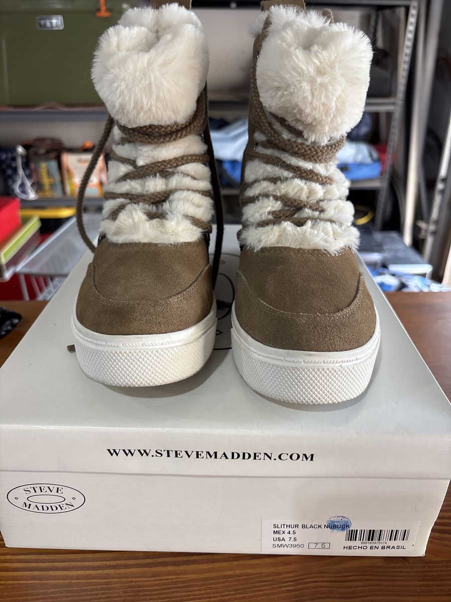 Steve Madden Slithur Faux Fur Trim Nubuck Winter Boots US 7.5 Brown/White SMW3950