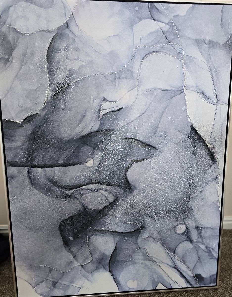 Abstract Gray, Blue & Silver Framed Canvas Wall Art - Modern Marbled Design