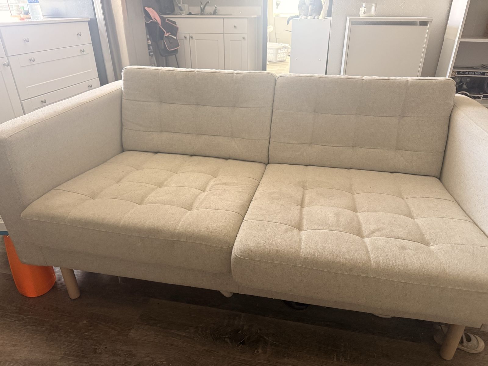 Light Beige Tufted Loveseat Sofa with Wooden Legs